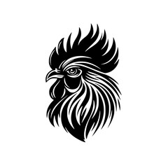 Rooster Silhouette in Black and White Illustration, A bold black and white illustration of a rooster with detailed feathers and a striking comb, symbolizing strength and tradition.

