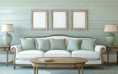 Classic living room interior with vintage furniture, wood panel wall, & empty frames.