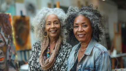 Fototapeta premium Two women with beautiful gray hair smile in an art studio surrounded by colorful paintings, showcasing creativity and artistry.