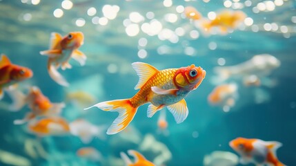 Naklejka premium In a clear blue ocean, orange and white goldfish swim.