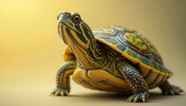 Yellow-Bellied Slider Turtle - Trachemys scripta scripta - This vibrant yellow-bellied slider turtle showcases its stunning shell pattern of yellow, green, and black. Its head is held high, gazing dir