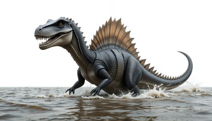 Fototapeta premium A Spinosaurus dinosaur walks through shallow water, showcasing its powerful build and unique features. The detailed rendering highlights the creature's dark, scaly skin and imposing presence against