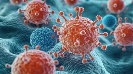 Micrograph of a virus attacking a healthy immune system cell. Stem cells, immunology, and longevity research.
