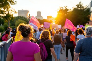 Diverse gathering in peaceful civil rights march at sunset. Black History Month