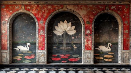 Intricate wall painting of swans, lotuses, and arched alcoves in a classic interior.