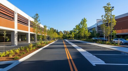 Obraz premium Empty parking lot, modern buildings, landscaping.