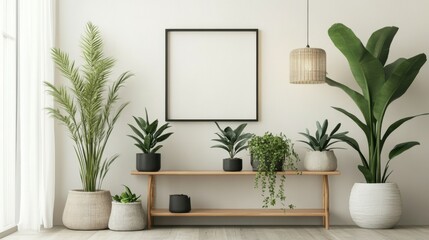 Scandinavian room interior with mock up photo frame on the brown bamboo shelf with beautiful plants in differents hipster and design pots. White walls. Modern and floral concept of shelfs.