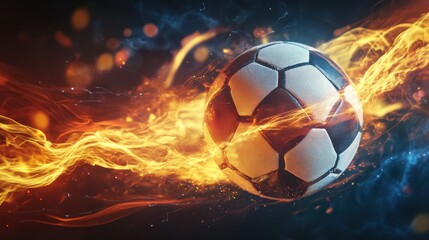 Soccer ball with flame and light waves on dark background