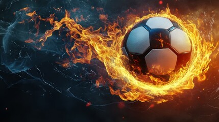 Fototapeta premium Soccer ball with flame and light waves on dark background