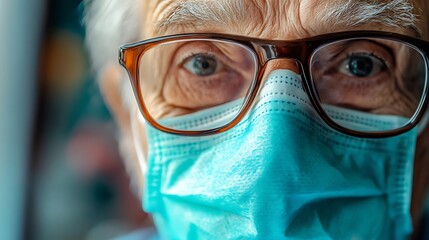 A close-up of a senior healthcare worker wearing a mask and glasses, representing dedication and care in the medical field.