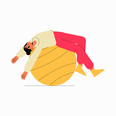 Woman lying on exercise ball in flat vector illustration symbolizing relaxation, stretching, and fitness, isolated on white background.