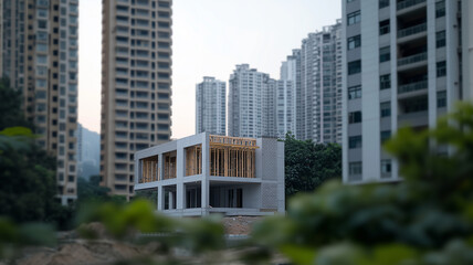 Modern architecture project contrasting against tall buildings