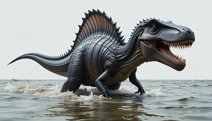 Spinosaurus Walking Through Shallow Water: A Digital Rendering of a Prehistoric Reptile