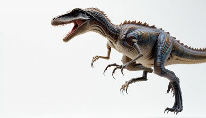 Fototapeta premium A fearsome dinosaur, a powerful predator from a bygone era, captured in a dynamic pose against a clean white background. This digital illustration showcases the intricate details and raw power of this