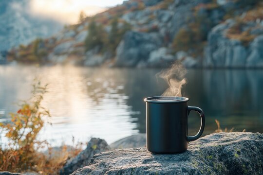 Steaming mug by tranquil mountain lake at sunrise.