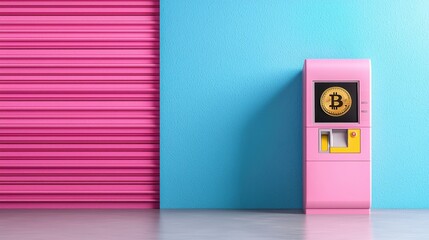 Bright Pink Bitcoin ATM Against Blue and Pink Wall in Modern Digital Space