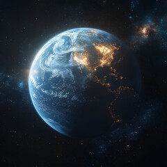 Obraz premium A 3D-rendered Earth with highly detailed continents and oceans, illuminated by sunlight from one side, set against a vast galaxy of stars and nebulas, cinematic and awe-inspiring
