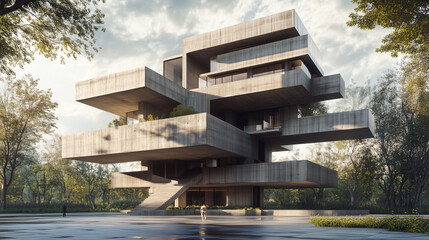 A building with many overlapping boxy concrete structures