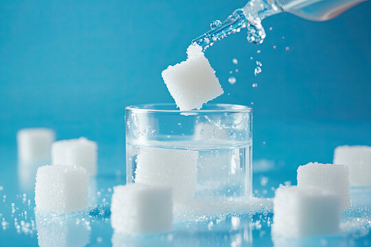 Photograph of sugar cubes being used in a science experiment to demonstrate solubility