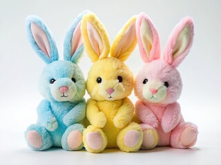 Obraz premium Adorable pastel Easter bunny plush toys in pink, yellow, and blue. Perfect spring holiday decoration.