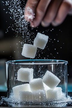 Photograph of sugar cubes being used in a science experiment to demonstrate solubility