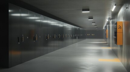 Fototapeta premium Long corridor, dark metal lockers, illuminated floor.