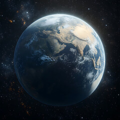 Fototapeta premium A 3D-rendered Earth with highly detailed continents and oceans, illuminated by sunlight from one side, set against a vast galaxy of stars and nebulas, cinematic and awe-inspiring
