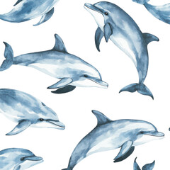 Fototapeta premium Watercolor Pattern of Dolphins on a White Background for Decorative Use on transparent background