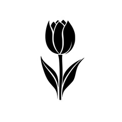 Minimalist Black and White Tulip Illustration, A simple black and white illustration of a tulip flower with leaves and stem, showcasing an elegant and minimal floral design.


