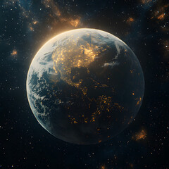 Fototapeta premium A 3D-rendered Earth with highly detailed continents and oceans, illuminated by sunlight from one side, set against a vast galaxy of stars and nebulas, cinematic and awe-inspiring