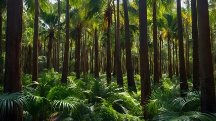 Fototapeta premium Panoramic Jungle View: Euterpe Edulis Palms with Light and Shadow Play