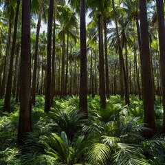 Fototapeta premium Euterpe Edulis Forest: A Panoramic View of Palms, Light, and Shadows in the Dense Jungle