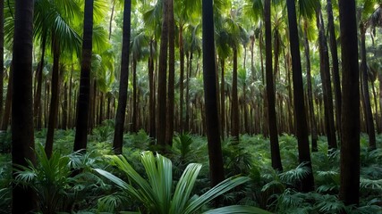 Obraz premium Dense Jungle Beauty: Panoramic View of Euterpe Edulis Palms with Light and Shadows