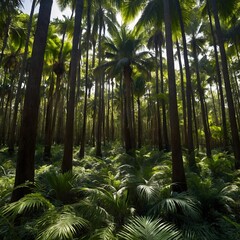 Naklejka premium Euterpe Edulis Jungle: A Panoramic Scene of Palms, Light, and Shadows