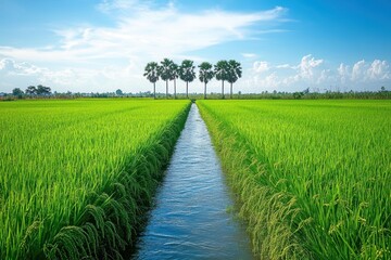 Lush Green Rice Field with Palm Trees and Blue Sky in Rural Countryside Landscape