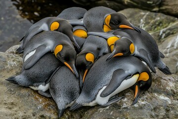 A colony of Magellanic penguins huddled together on a rocky shore in Patagonia.