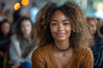 A smiling young woman with curly hair and a cozy sweater, captured in a lively setting with blurred figures in the background.