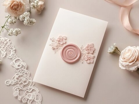 Ivory card with embossed floral design and pink wax seal for romantic wedding invitation concept