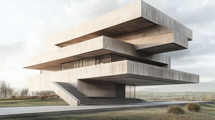 Fototapeta premium a modern block-shaped building with layered, protruding sections