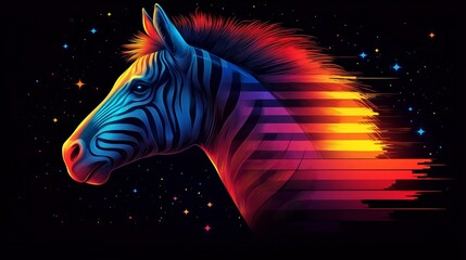 Vibrant Abstract Zebra Head with Neon Stripes in Space Setting