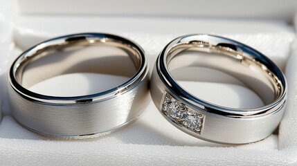 Elegant Silver Wedding Rings with Diamond Details Placed on a Soft Background