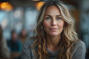 Obraz premium A serene woman with wavy hair poses confidently in a cozy setting, capturing a moment of tranquility and beauty.