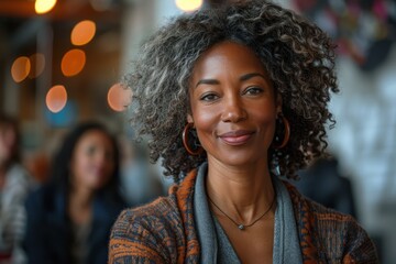 A woman with curly hair smiles warmly, surrounded by a softly blurred background, conveying a feeling of warmth and community.