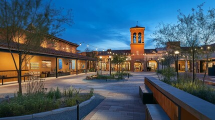 Illuminated plaza, shops, bell tower, desert landscaping.