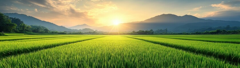 Naklejka premium Stunning Sunrise Over Lush Green Rice Fields with Majestic Mountains in the Background