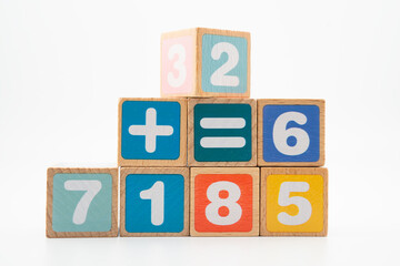 Number wood block cubes for learning Mathematic, education math.