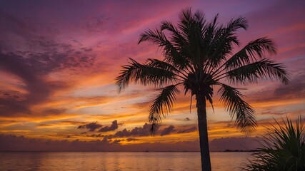 Fototapeta na wymiar Vibrant Sunset Scene: Silhouettes of Euterpe Edulis Palms Against a Reflective Sky