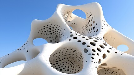 Fototapeta premium Abstract Organic Structure with Unique Holes and Patterns Against Blue Sky