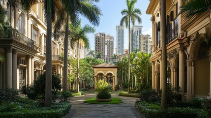 Fototapeta premium Classical buildings, lush garden, pathway, modern towers.