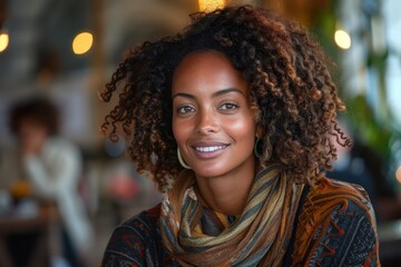 A smiling woman with curly hair and a cozy scarf poses indoors, surrounded by warm lighting and a casual atmosphere.